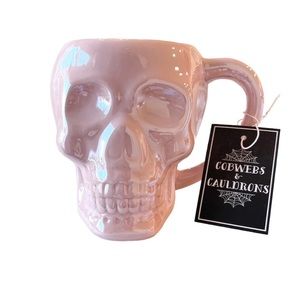 🩷 PINK SKULL Iridescent Glaze Cobwebs & Cauldrons Halloween Mug NEW